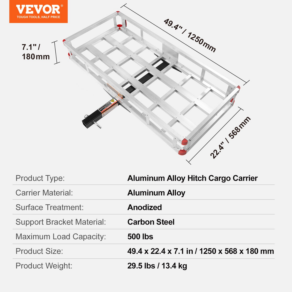 VEVOR Portaequipajes de enganche de remolque de 49,4 x 22,4 x 7,1 pulgadas capacidad de carga de 500 libras
