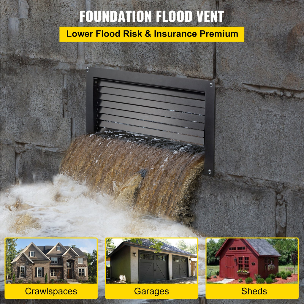 VEVOR - Respiradero para cimientos contra inundaciones 20 cm de alto x 40 cm de ancho para reducir los daños en los cimientos y el riesgo de inundaciones color negro