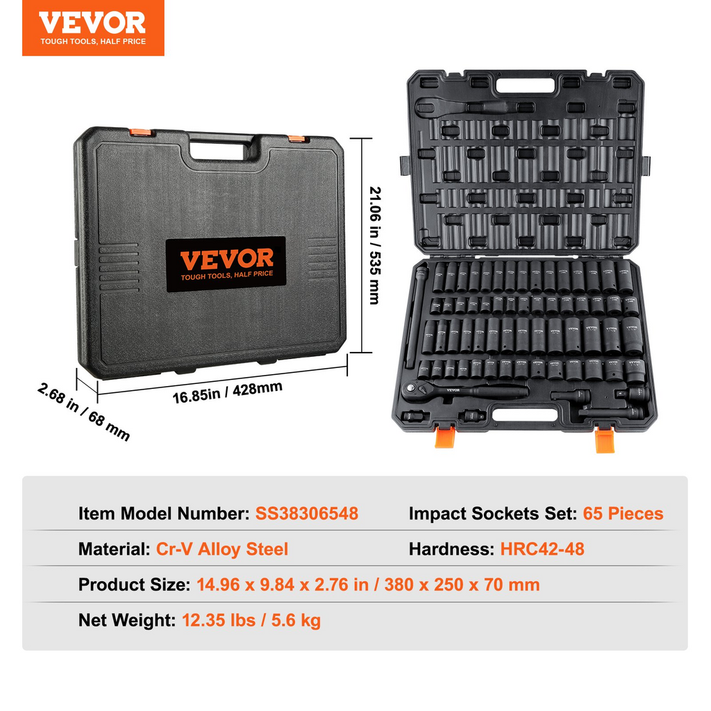 Juego de dados de impacto VEVOR de 1/2" juego de 65 piezas SAE de 3/8" a 1-1/4" y métricos de 10 a 24 mm