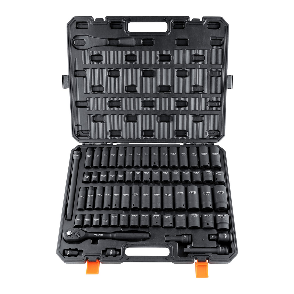 Juego de dados de impacto VEVOR de 1/2" juego de 65 piezas SAE de 3/8" a 1-1/4" y métricos de 10 a 24 mm