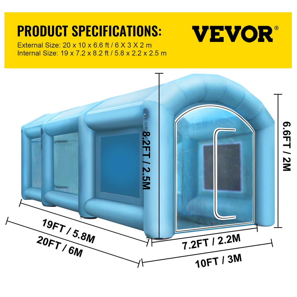 Cabina de pintura inflable VEVOR  20 x 10 x 8 pies, sopladores de 750 W + 350 W
