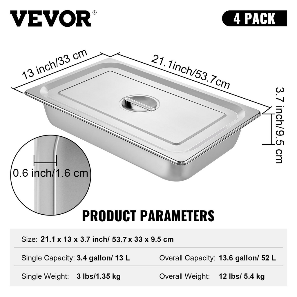 Juego de 4 sartenes para mesa de vapor de 20,9 x 12,8 x 3,9 pulgadas de profundidad de 13 l