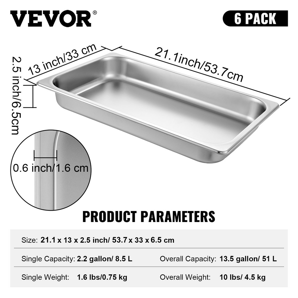 VEVOR - Juego de 6 sartenes para mesa de vapor de 20,9 x 12,8 x 2,6 pulgadas de profundidad de 8,5 l de profundidad
