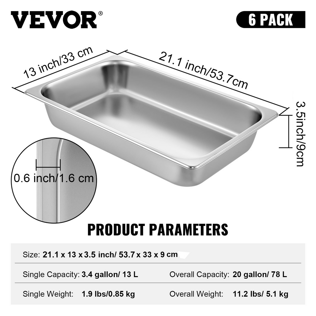 VEVOR - Juego de 6 sartenes para mesa de vapor de 20,9 x 12,8 x 3,9 pulgadas de profundidad recipiente para alimentos de tamaño completo de 13 l