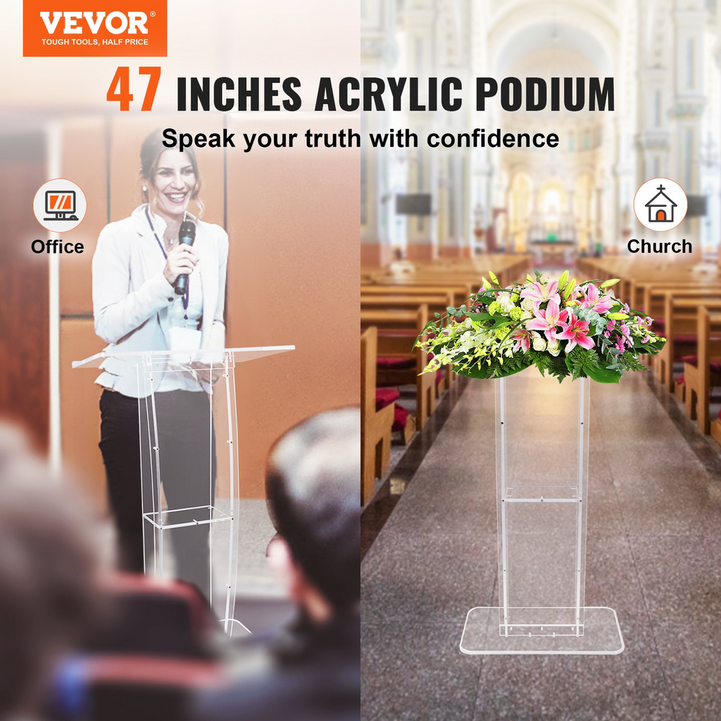Podio acrílico VEVOR, soporte de podio acrílico transparente de 47" con amplia superficie de lectura y estante de almacenamiento,