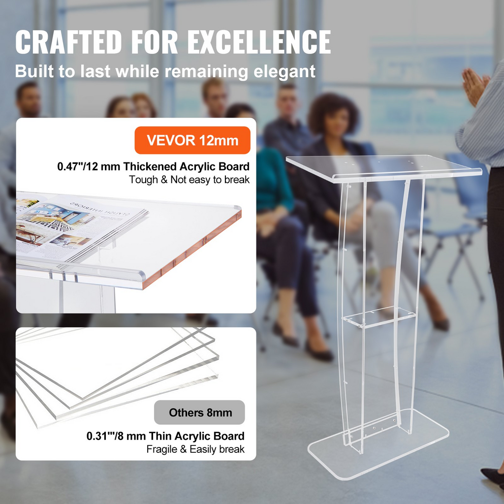 Podio acrílico VEVOR, soporte de podio acrílico transparente de 47" con amplia superficie de lectura y estante de almacenamiento,