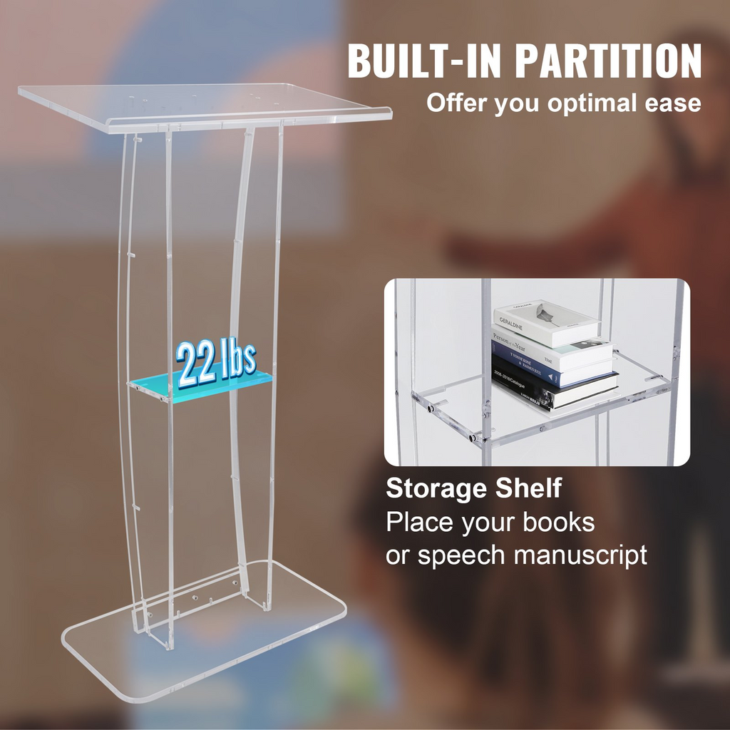 Podio acrílico VEVOR, soporte de podio acrílico transparente de 47" con amplia superficie de lectura y estante de almacenamiento,