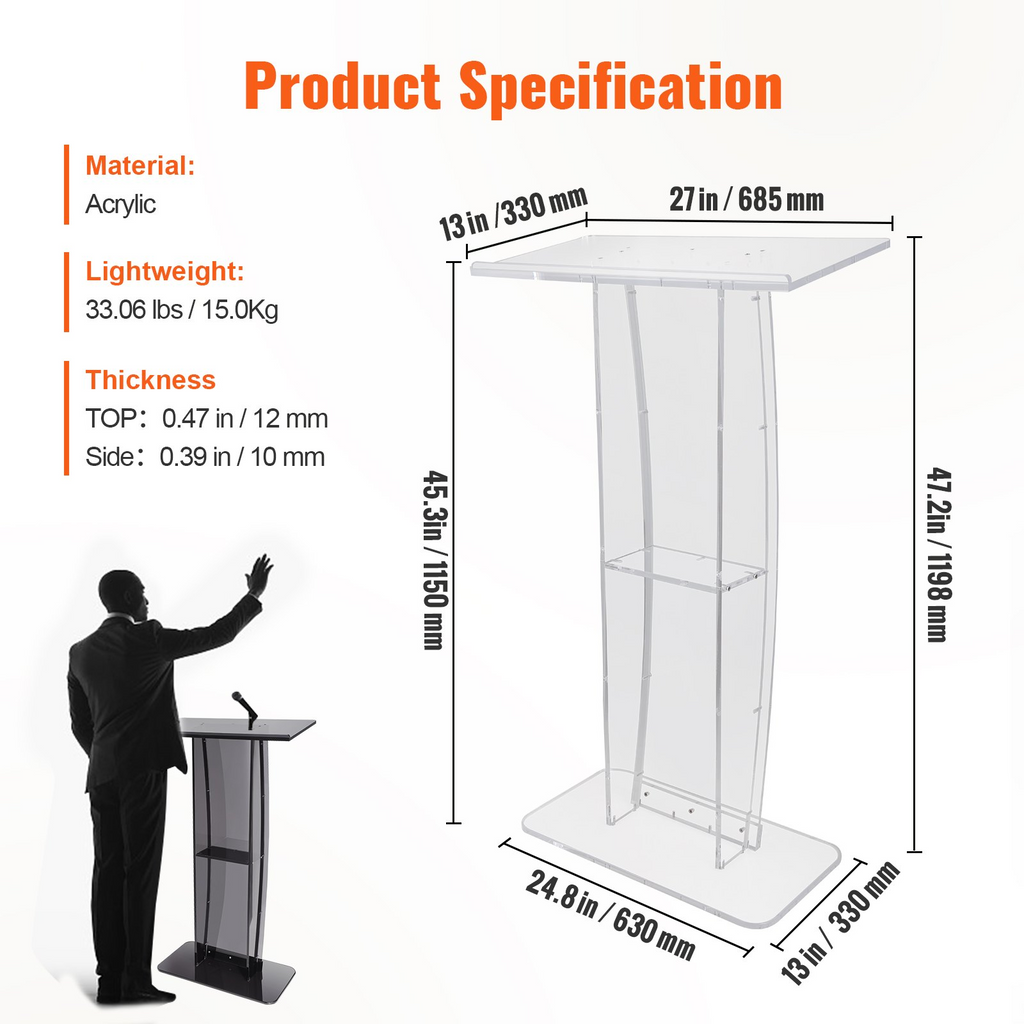 Podio acrílico VEVOR, soporte de podio acrílico transparente de 47" con amplia superficie de lectura y estante de almacenamiento,