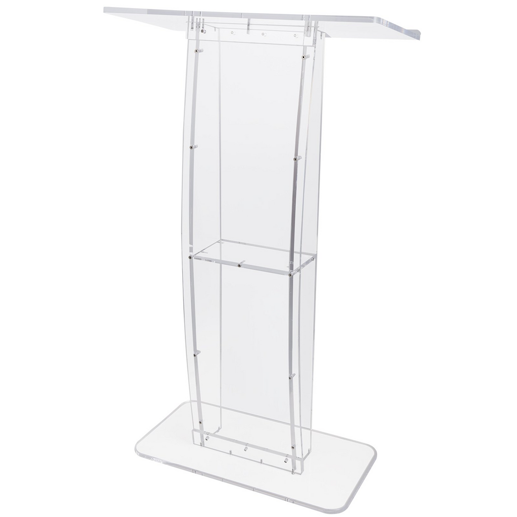 Podio acrílico VEVOR, soporte de podio acrílico transparente de 47" con amplia superficie de lectura y estante de almacenamiento,