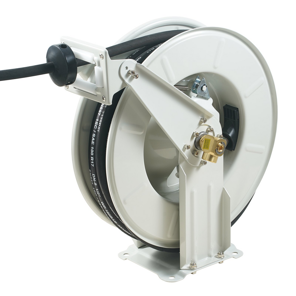 Carrete de manguera de combustible 1/4" x 50' retráctil extra largo rebobinado giratorio automático accionado por resorte construcción de acero al carbono de alta resistencia 5800 PSI