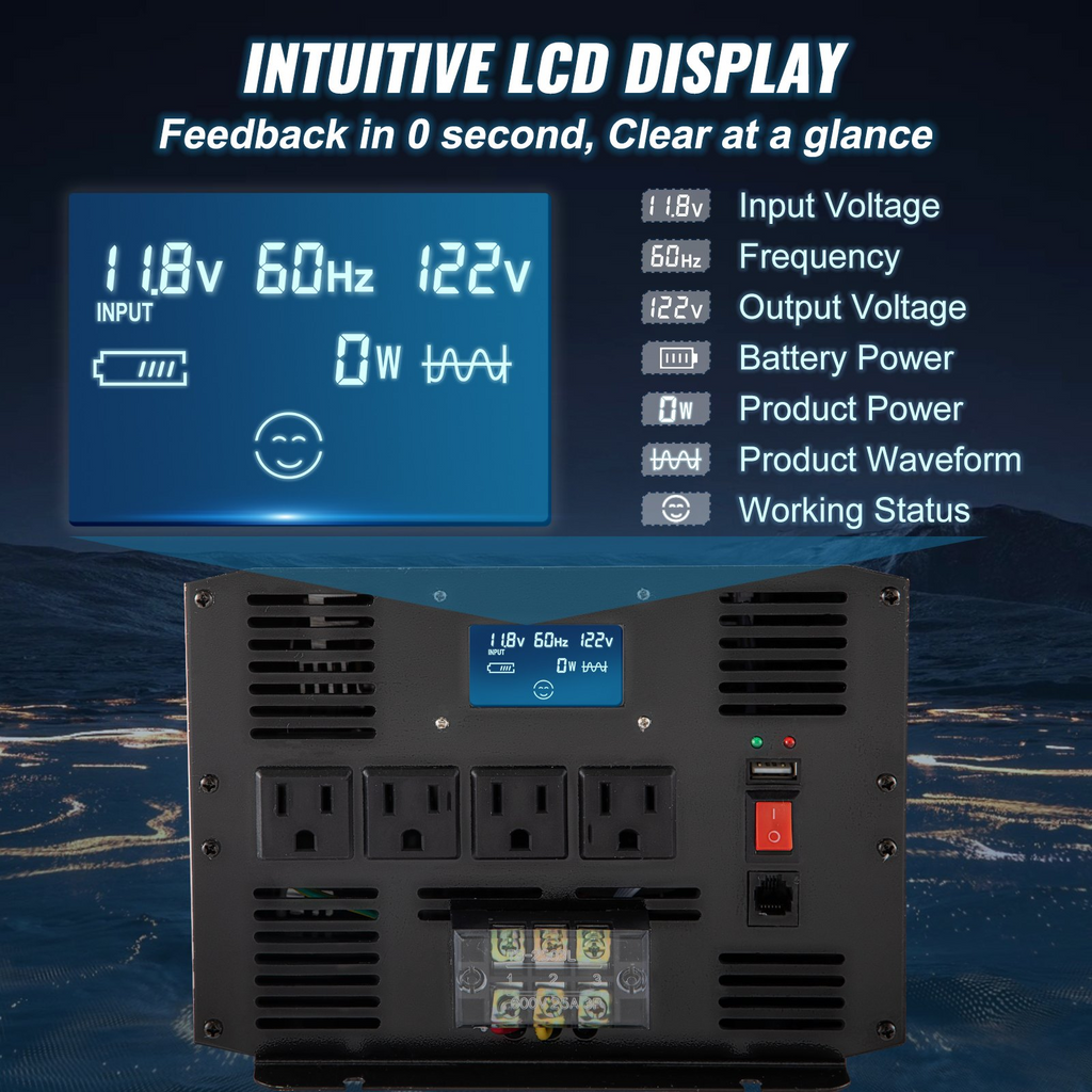 Inversor de onda sinusoidal pura VEVOR de 3500 vatios inversor de corriente de CC de 12 V a CA de 120 V para automóvil con puerto USB pantalla LCD control remoto y tomas de CA (GFCI)