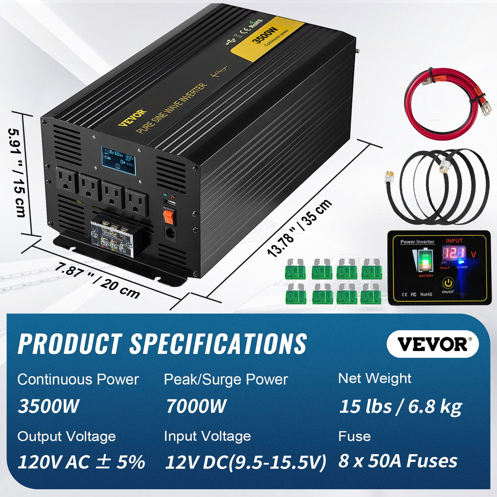 Inversor de onda sinusoidal pura VEVOR de 3500 vatios inversor de corriente de CC de 12 V a CA de 120 V para automóvil con puerto USB pantalla LCD control remoto y tomas de CA (GFCI)