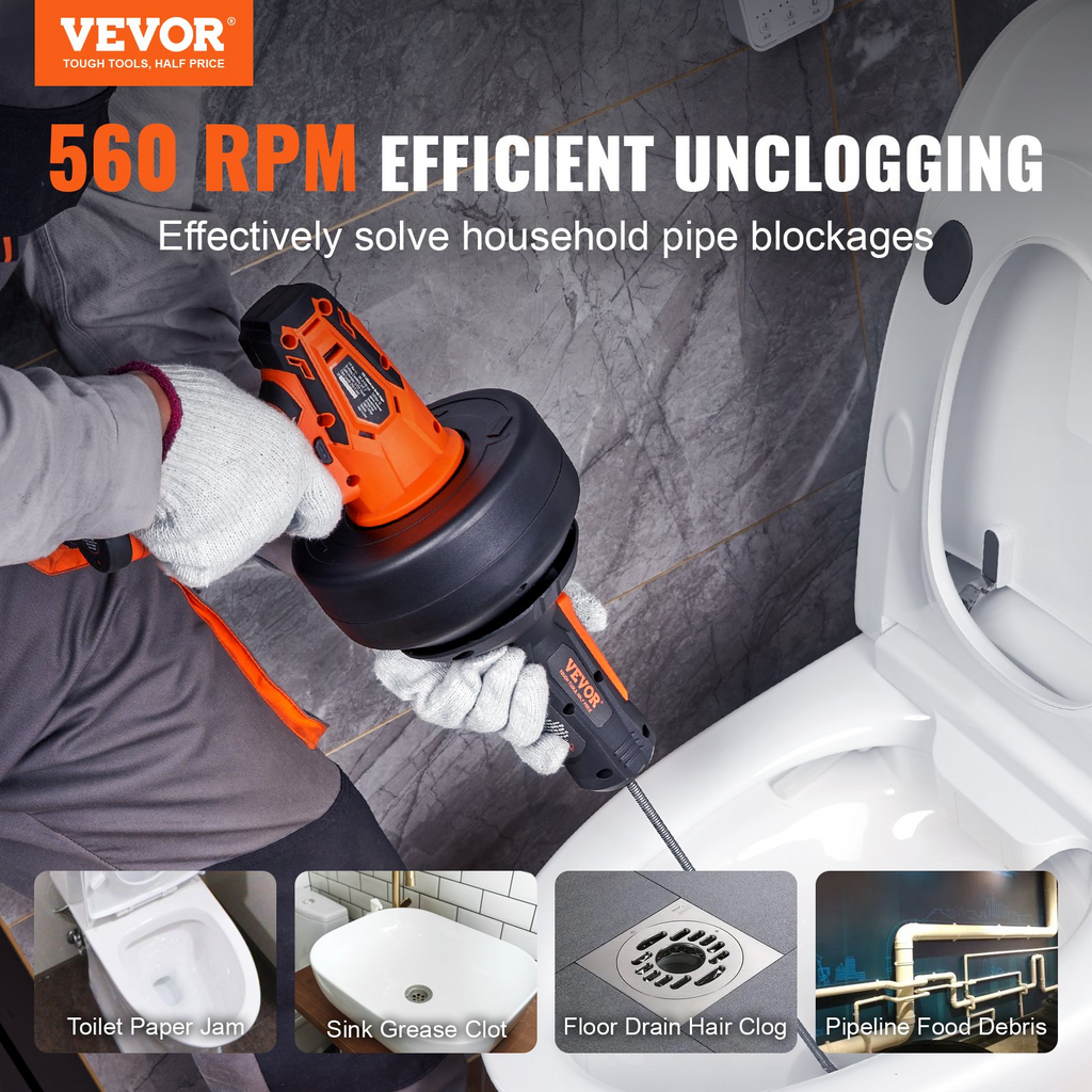 VEVOR - Barrena eléctrica para desagües de 12 V, 7.5 MTS pies, inalámbrica, con alimentación automática, para eliminar obstrucciones de desagües con taladro eléctrico para tuberías de 3/4" a 2", batería  y cargador incluidos JH2