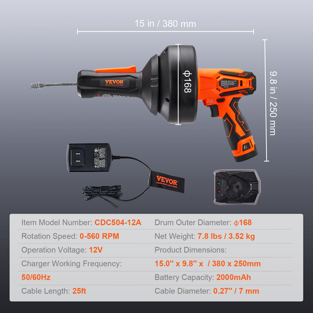 VEVOR - Barrena eléctrica para desagües de 12 V, 7.5 MTS pies, inalámbrica, con alimentación automática, para eliminar obstrucciones de desagües con taladro eléctrico para tuberías de 3/4" a 2", batería  y cargador incluidos JH2