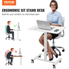 Escritorio móvil de pie VEVOR, escritorio de pie o sentado ajustable en altura con resorte de gas de 28" a 44", 4 ruedas giratorias de 360° (2 bloqueables),