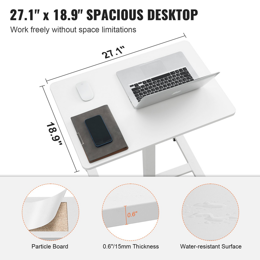 Escritorio móvil de pie VEVOR, escritorio de pie o sentado ajustable en altura con resorte de gas de 28" a 44", 4 ruedas giratorias de 360° (2 bloqueables),