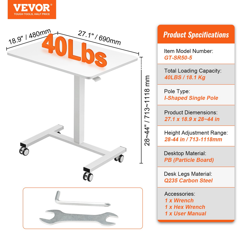 Escritorio móvil de pie VEVOR, escritorio de pie o sentado ajustable en altura con resorte de gas de 28" a 44", 4 ruedas giratorias de 360° (2 bloqueables),