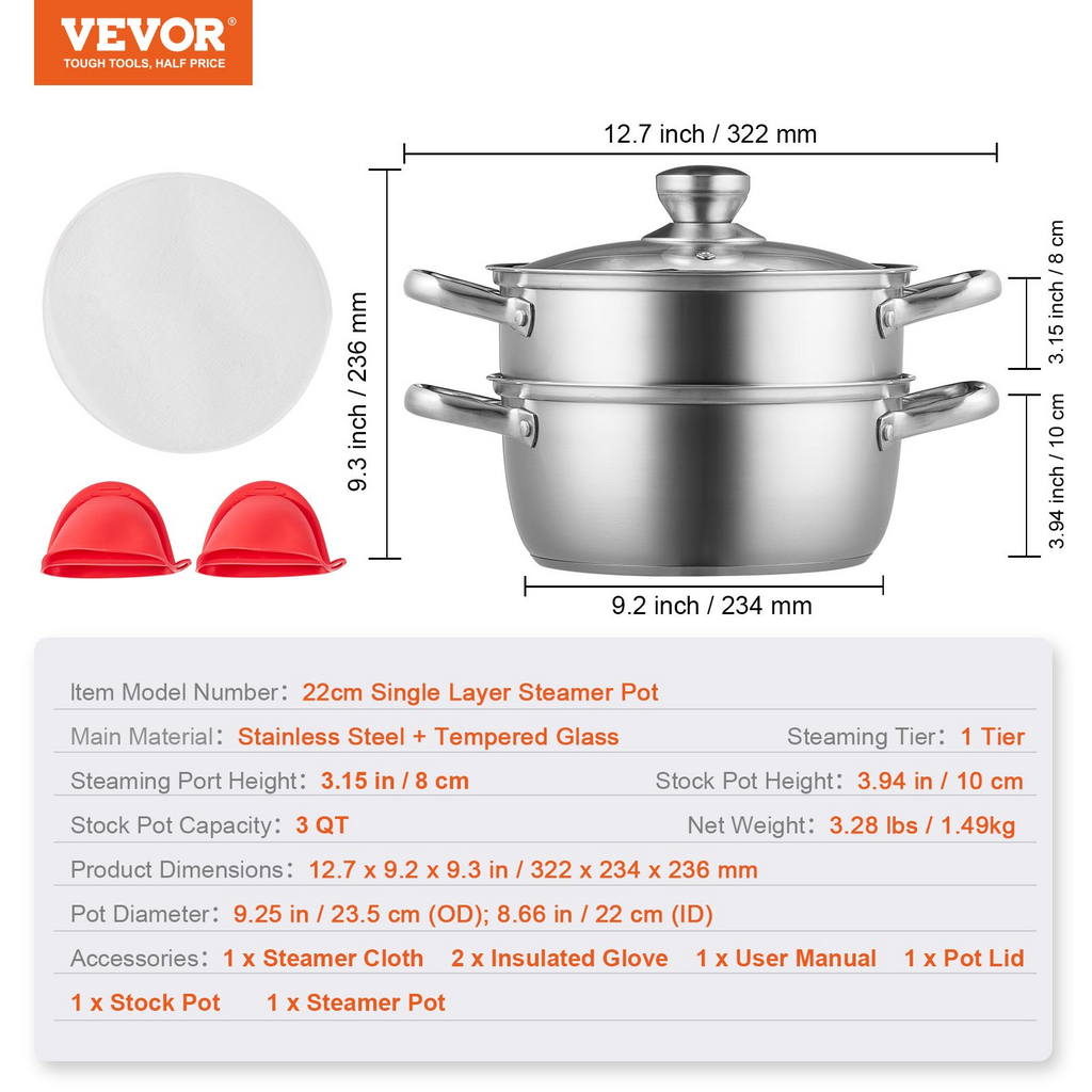 Olla de vapor VEVOR de 22 cm 3 cuartos de galón y vaporera de verduras