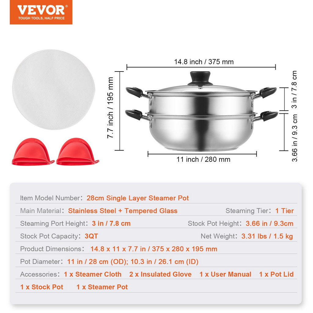 Olla de vapor VEVOR de 11 pulgadas/28 cm para cocinar con olla de 3 cuartos de galón y vaporera de verduras