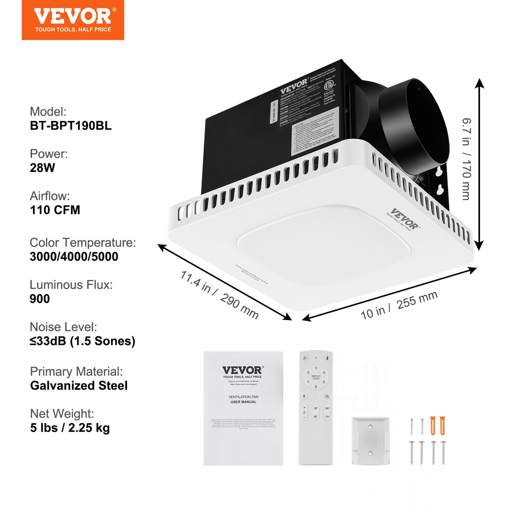 Ventilador de baño VEVOR de 110 CFM