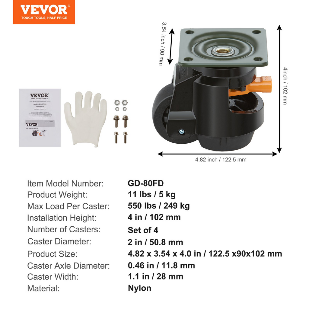 Ruedas niveladoras VEVOR juego de 4 capacidad de carga total de 2200 lb 2,5 pulgadas