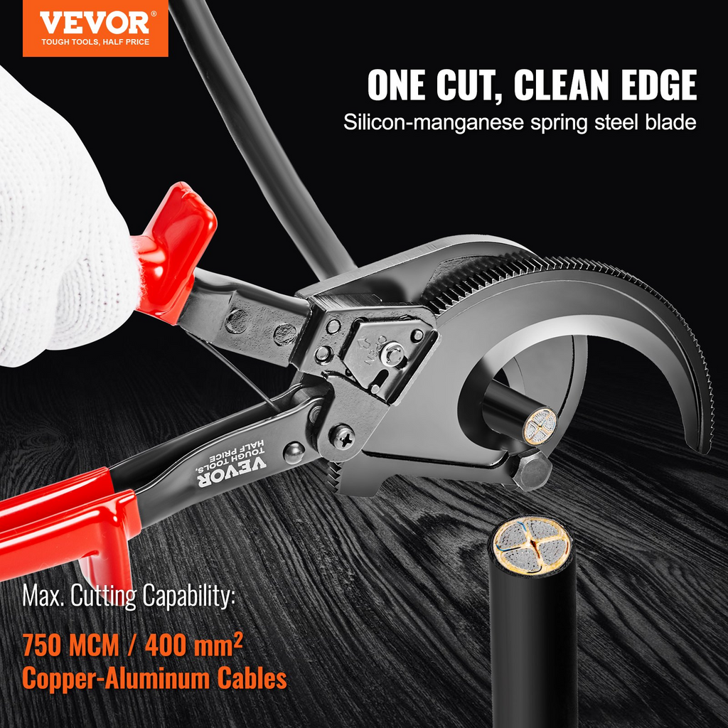 Cortador de cables con trinquete VEVOR de 11" de alta resistencia con guantes hoja resistente de acero de resorte de silicio y manganeso para cortar cables eléctricos de hasta 400 mm²/780 MCM