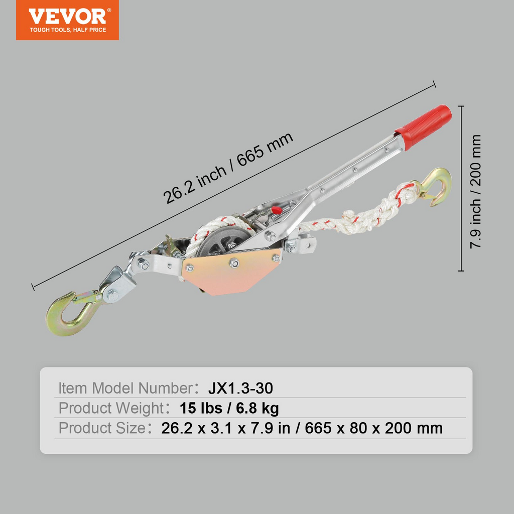 Extractor de cuerda VEVOR capacidad de tracción de 3/4 de tonelada (1653 lb) con 100' de cuerda de 0,6" de diámetro 2 ganchos