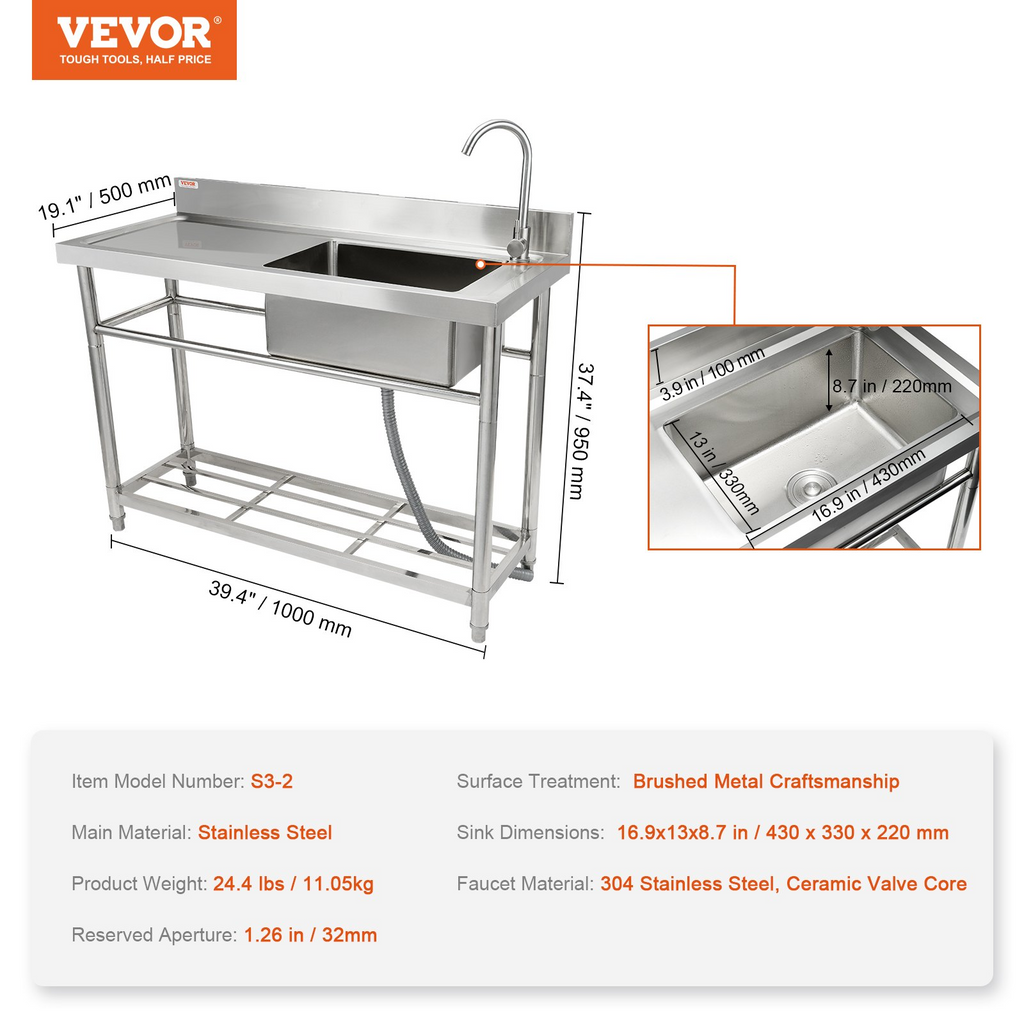 Fregadero de acero inoxidable VEVOR 39,4 x 19,1 x 37,4 pulgadas