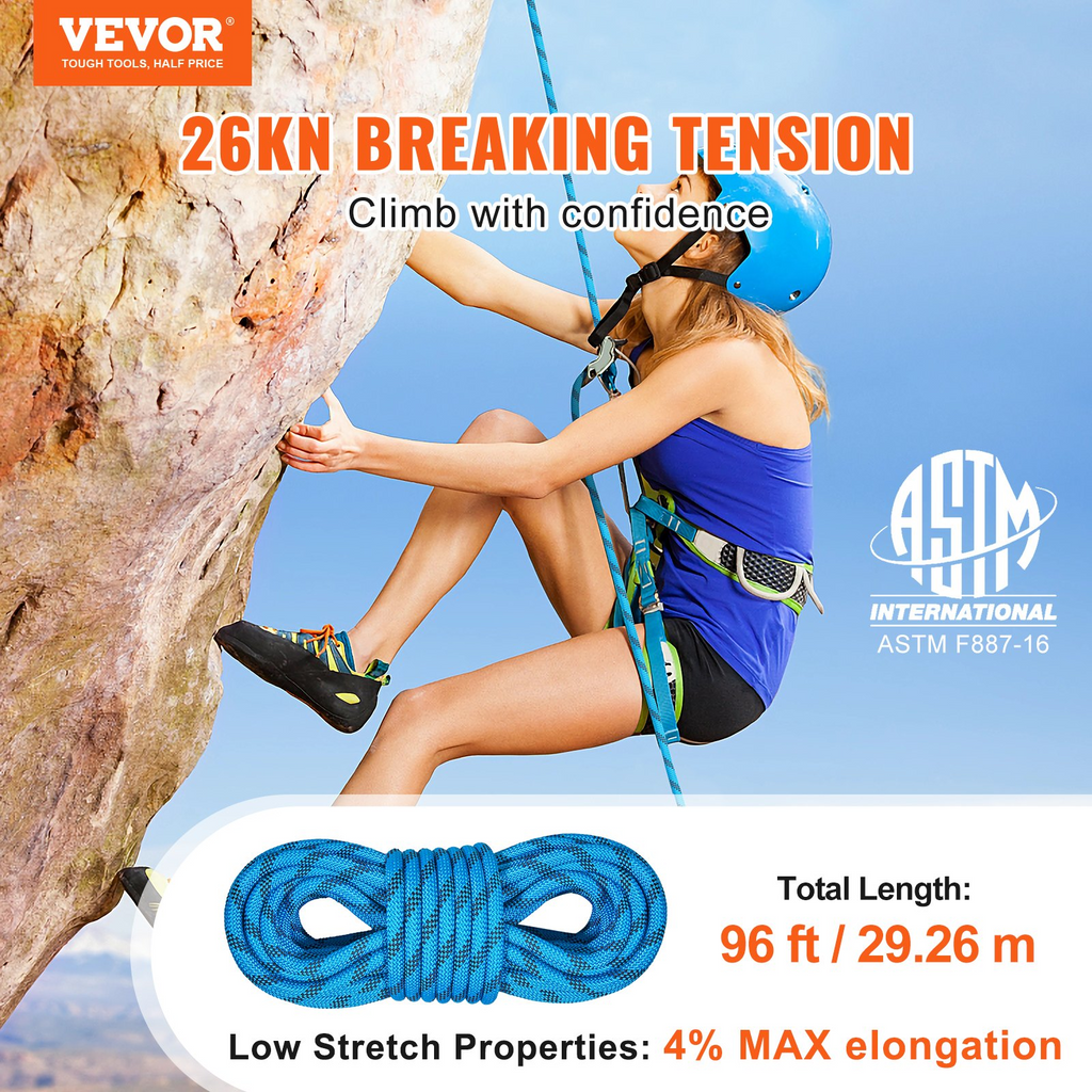 Cuerda de escalada estática VEVOR de 96 pies con tensión de rotura de 26 KN 0,4 '' / 10 mm