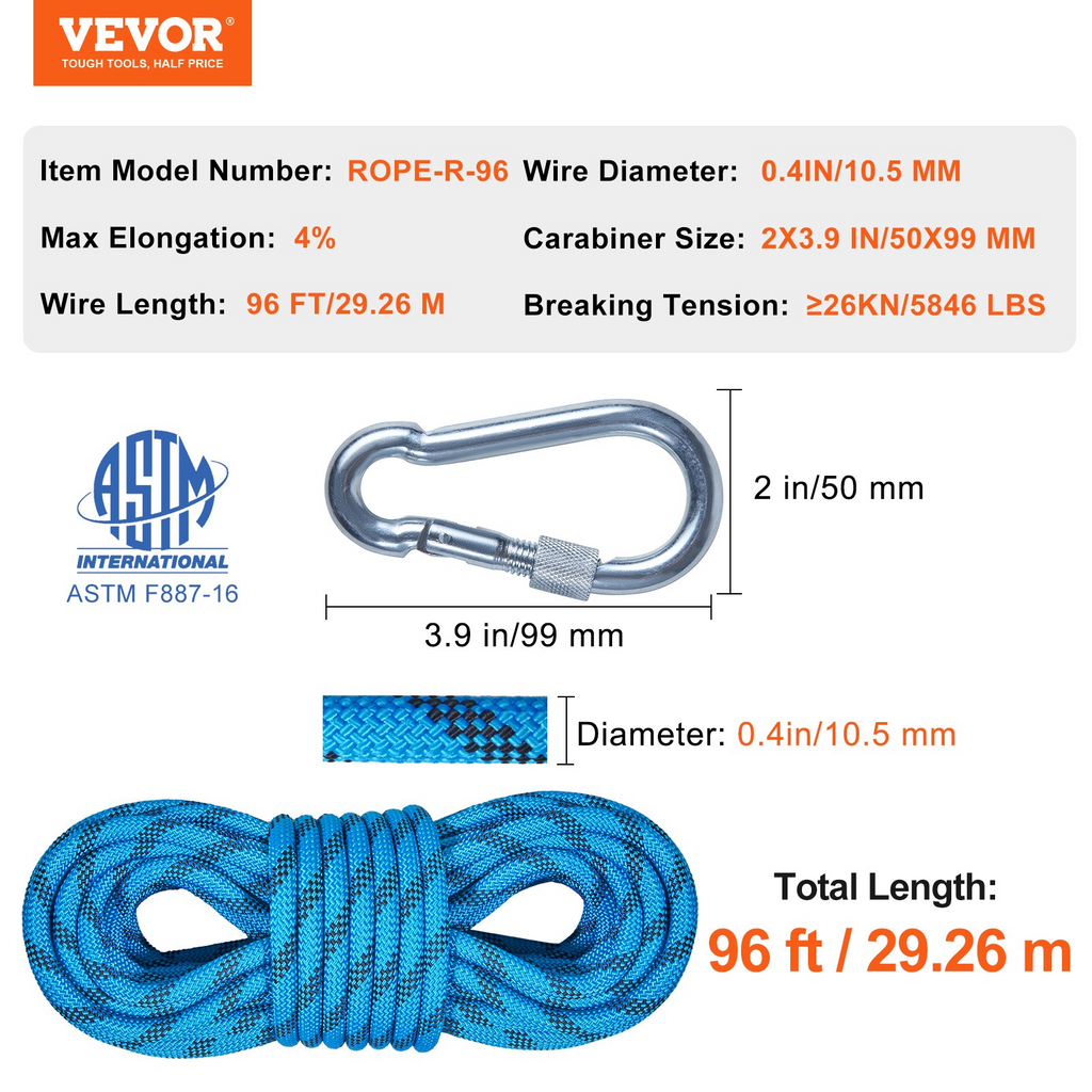 Cuerda de escalada estática VEVOR de 96 pies con tensión de rotura de 26 KN 0,4 '' / 10 mm