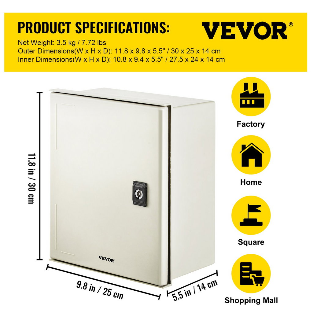 Caja eléctrica de fibra de vidrio VEVOR de acero inoxidable, 12 x 10 x 6'' NEMA 4X, IP66, resistente al agua y al polvo.