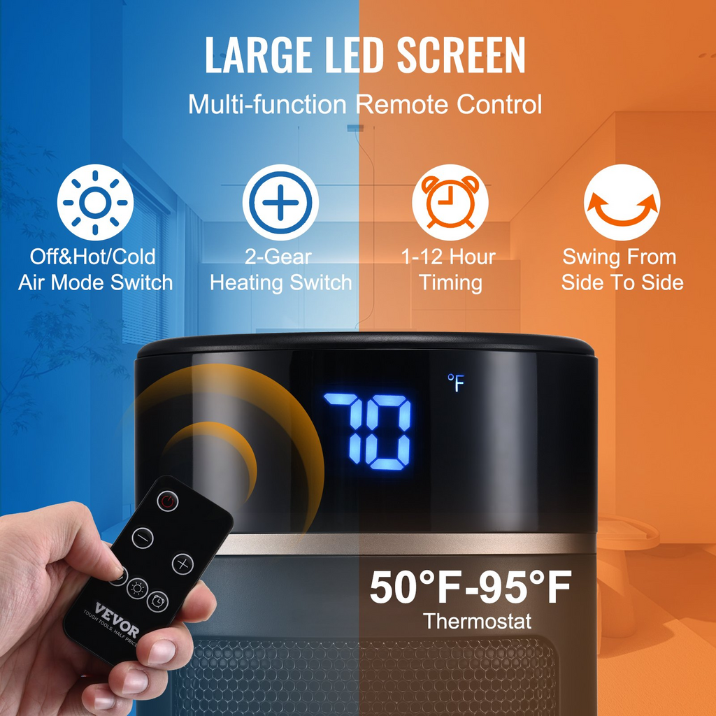 VEVOR Calentador de ambiente eléctrico con control remoto de termostato 1000 W/1500 W