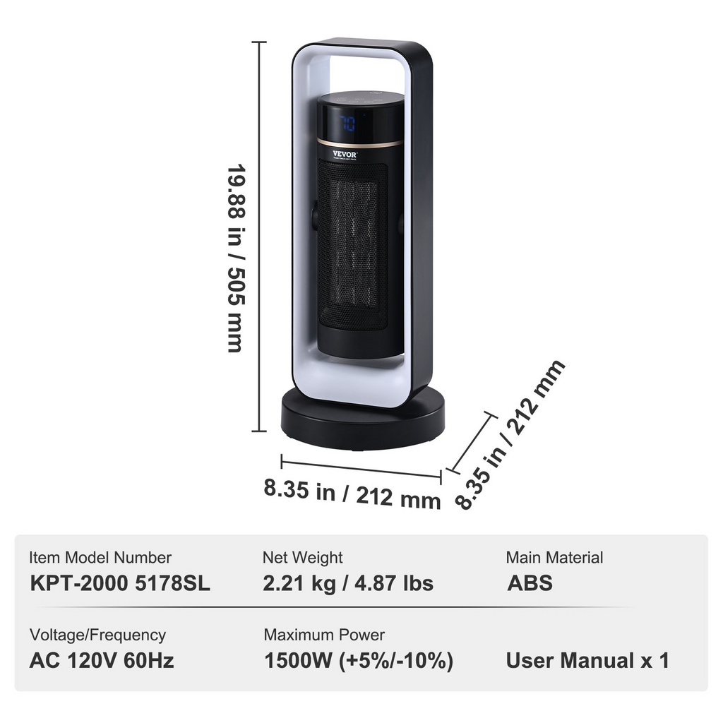 VEVOR Calentador de ambiente eléctrico con control remoto de termostato 1000 W/1500 W