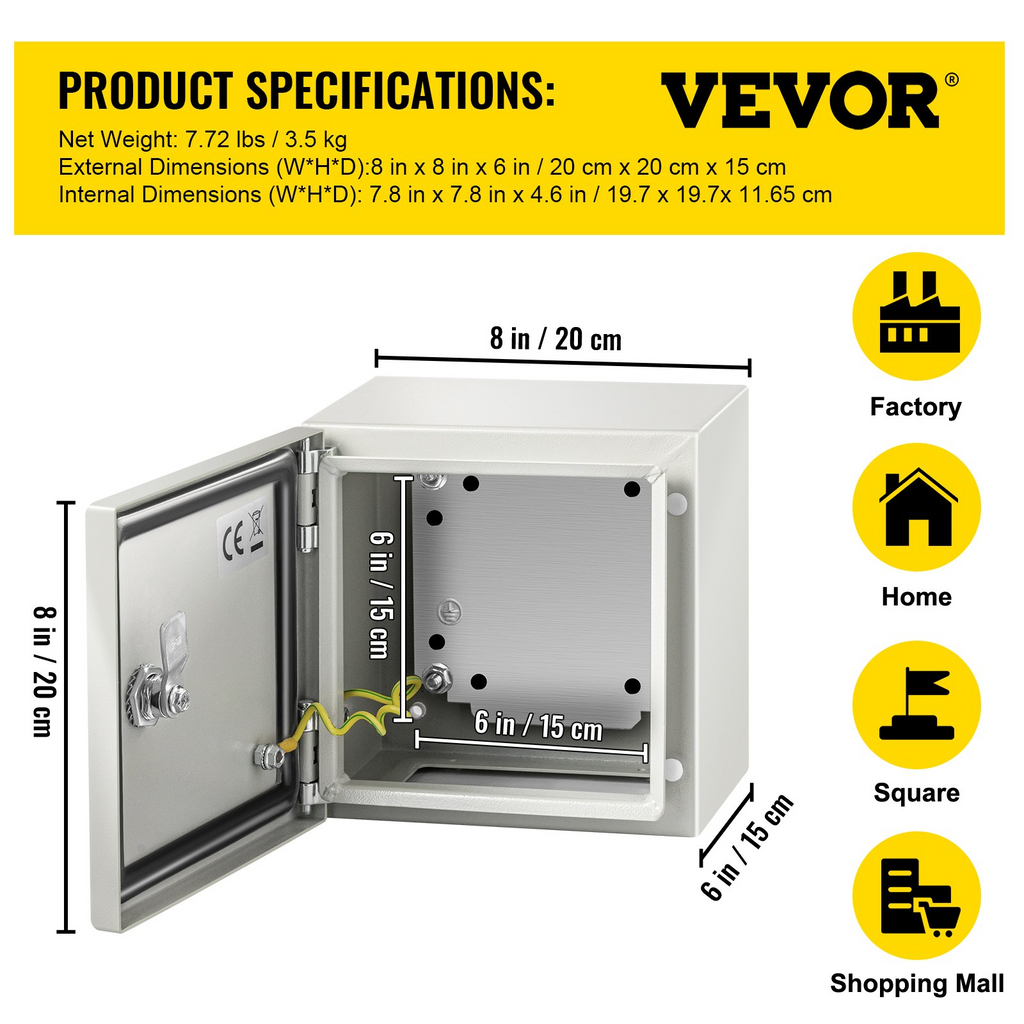 Caja de acero NEMA VEVOR, caja eléctrica de acero NEMA 4X de 8 x 8 x 6'', resistente al agua y al polvo IP66.