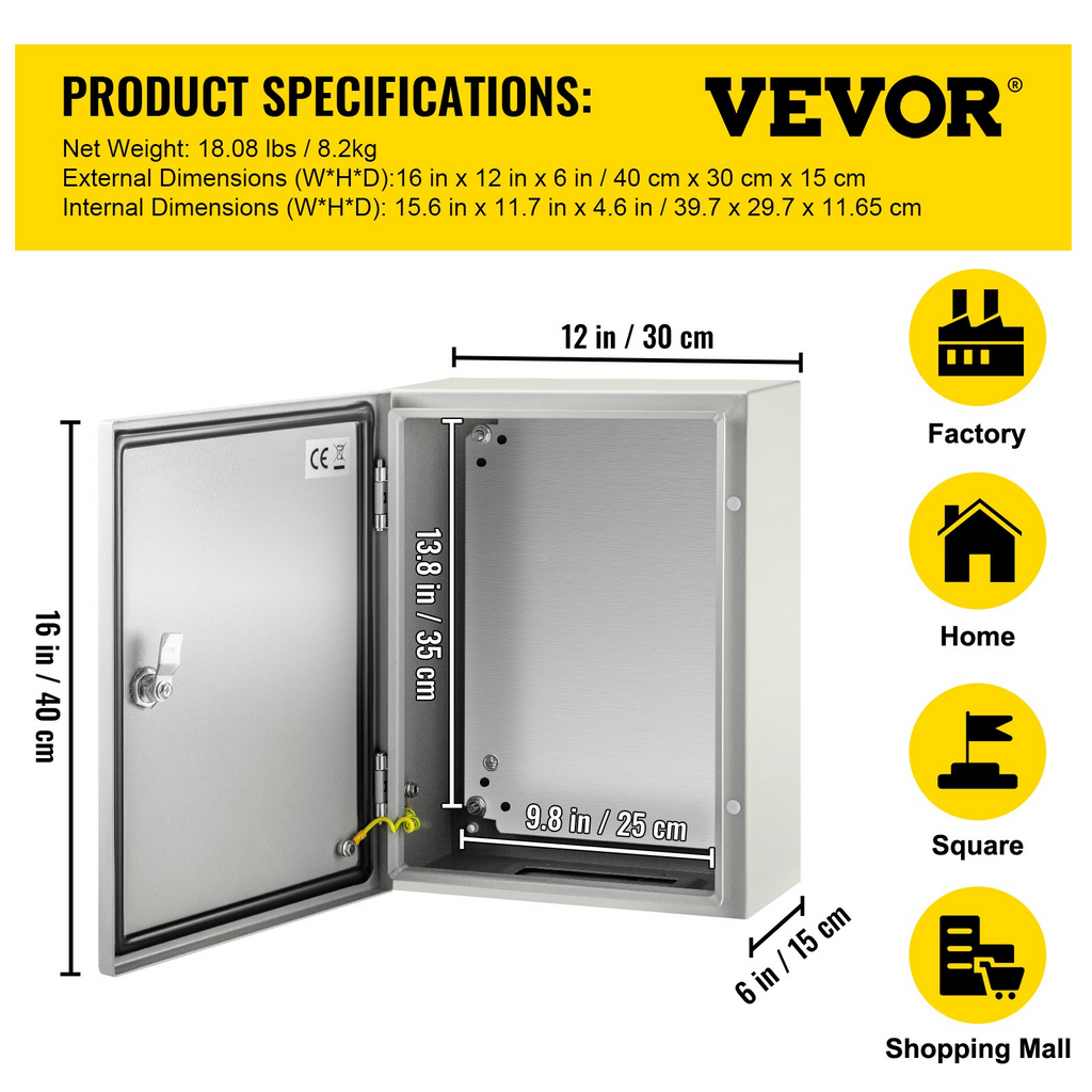 Caja de protección eléctrica VEVOR, 16'' × 12'' × 6'', caja de conexiones con bisagras de acero al carbono, IP66.