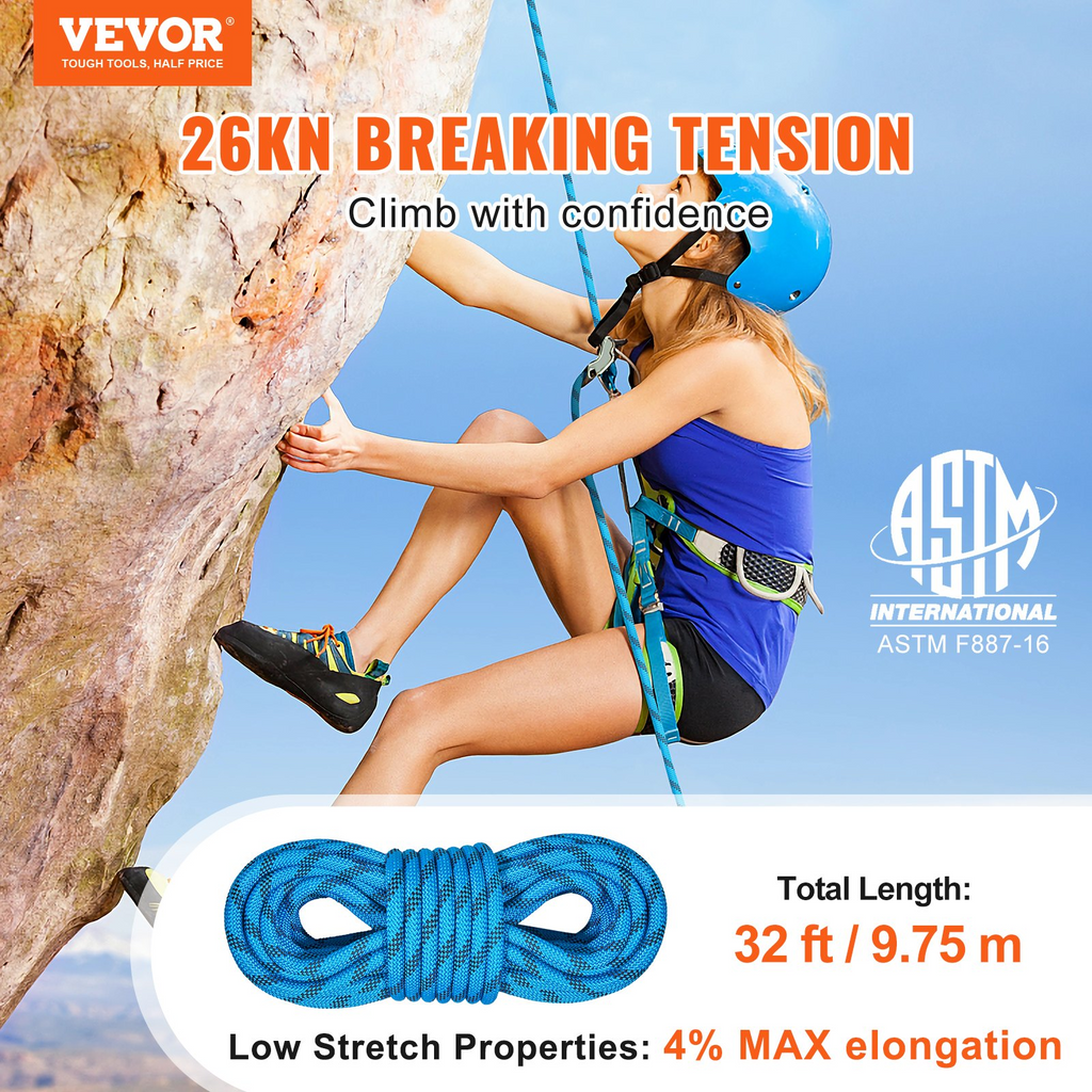 Cuerda de escalada estática VEVOR para exteriores de 32 pies con tensión de rotura de 26 KN alta resistencia de 0,4''/10 mm