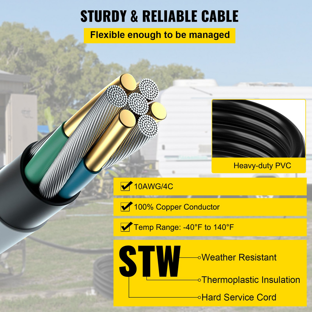 Cable de extensión para generador VEVOR de 50 pies 30 amperios cable de 4 cables calibre 10 cable de alimentación para generador de 125 V y 250 V con cierre giratorio (50 pies y 30 amperios)