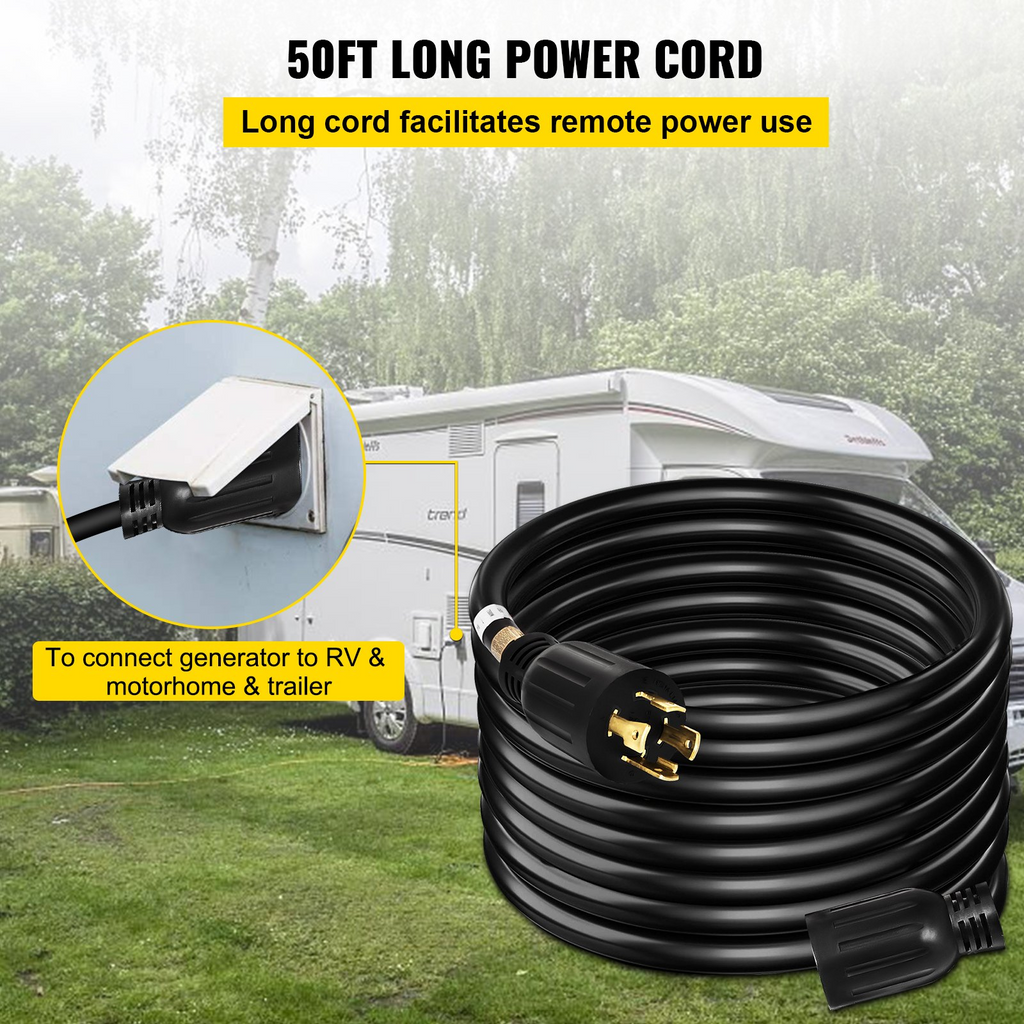 Cable de extensión para generador VEVOR de 50 pies 30 amperios cable de 4 cables calibre 10 cable de alimentación para generador de 125 V y 250 V con cierre giratorio (50 pies y 30 amperios)