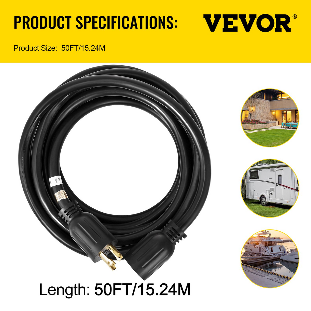 Cable de extensión para generador VEVOR de 50 pies 30 amperios cable de 4 cables calibre 10 cable de alimentación para generador de 125 V y 250 V con cierre giratorio (50 pies y 30 amperios)