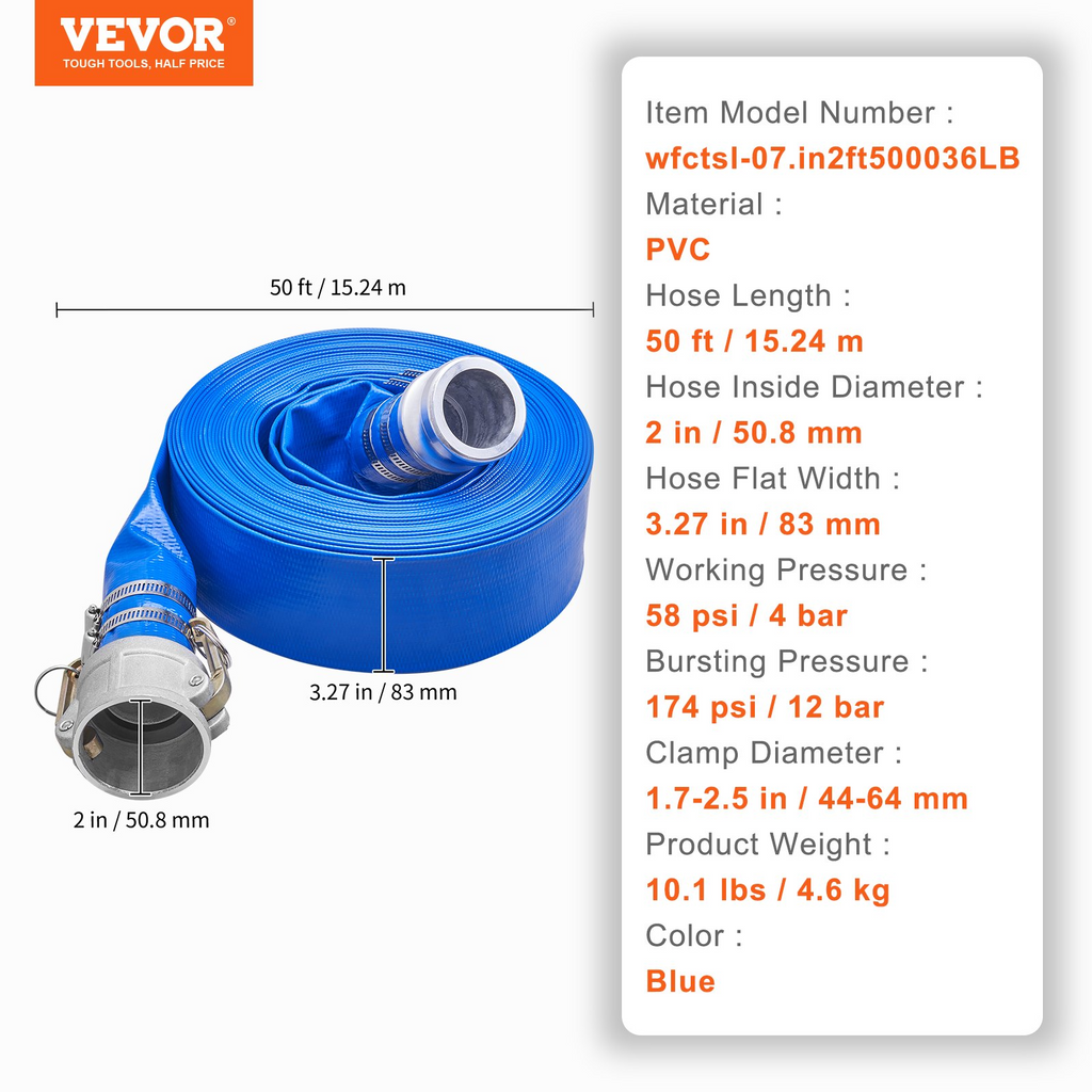 Manguera de retrolavado VEVOR 2 pulgadas x 50 pies de PVC resistente con accesorios Camlock C y E de aluminio