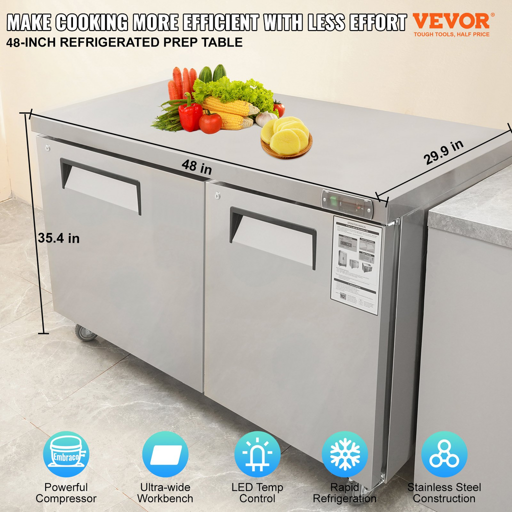 Refrigerador comercial VEVOR de 48"  12,85 pies cúbicos de espesor 2 puertas con cerradura