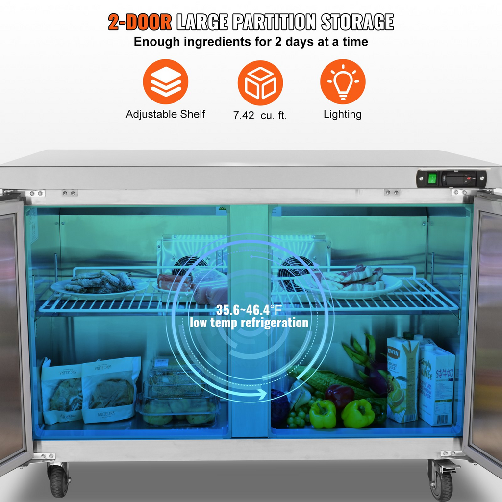 Refrigerador comercial VEVOR de 48"  12,85 pies cúbicos de espesor 2 puertas con cerradura