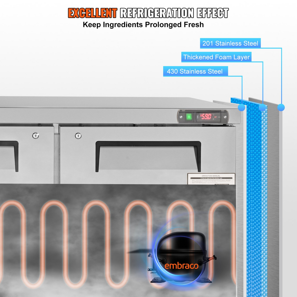 Refrigerador comercial VEVOR de 48"  12,85 pies cúbicos de espesor 2 puertas con cerradura