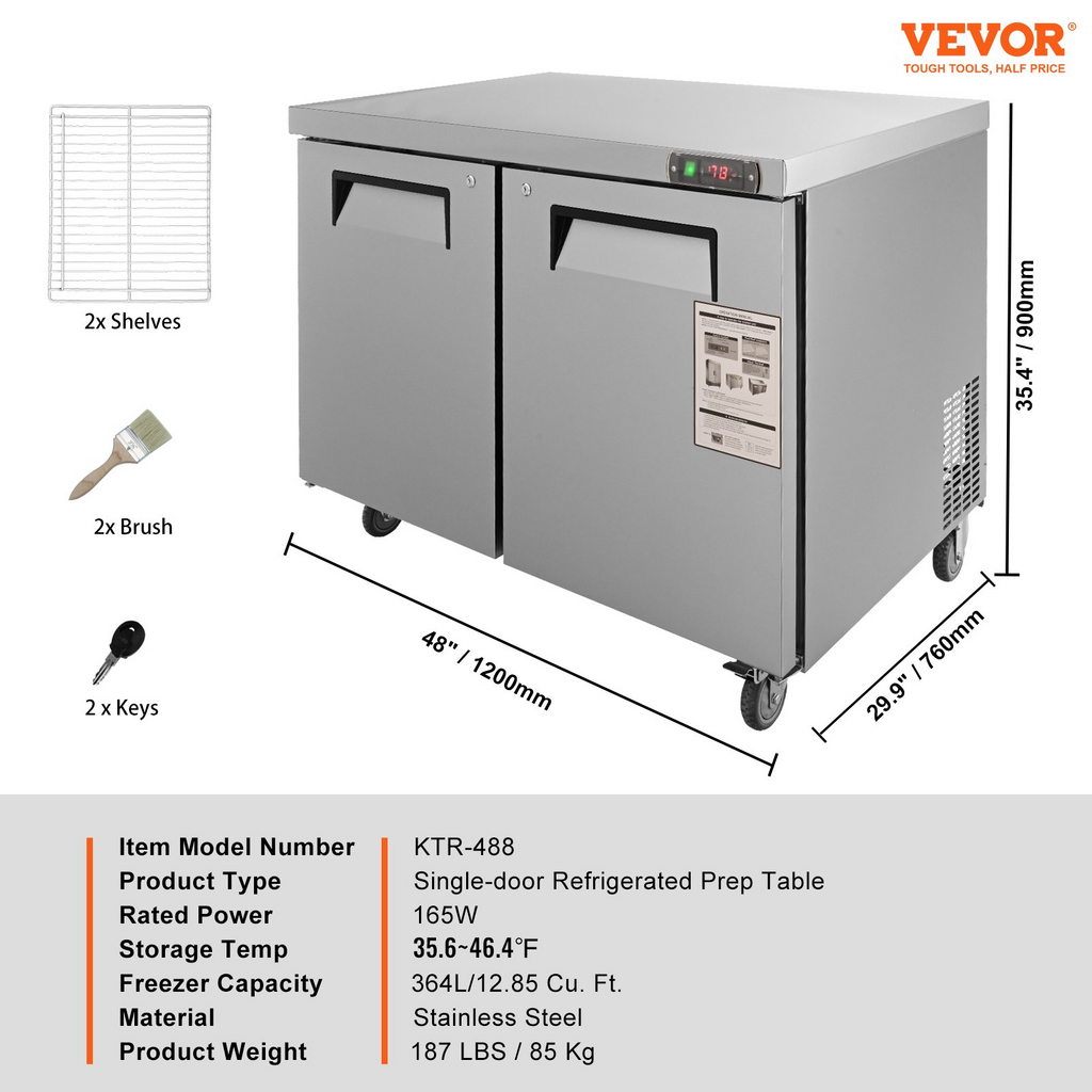 Refrigerador comercial VEVOR de 48"  12,85 pies cúbicos de espesor 2 puertas con cerradura