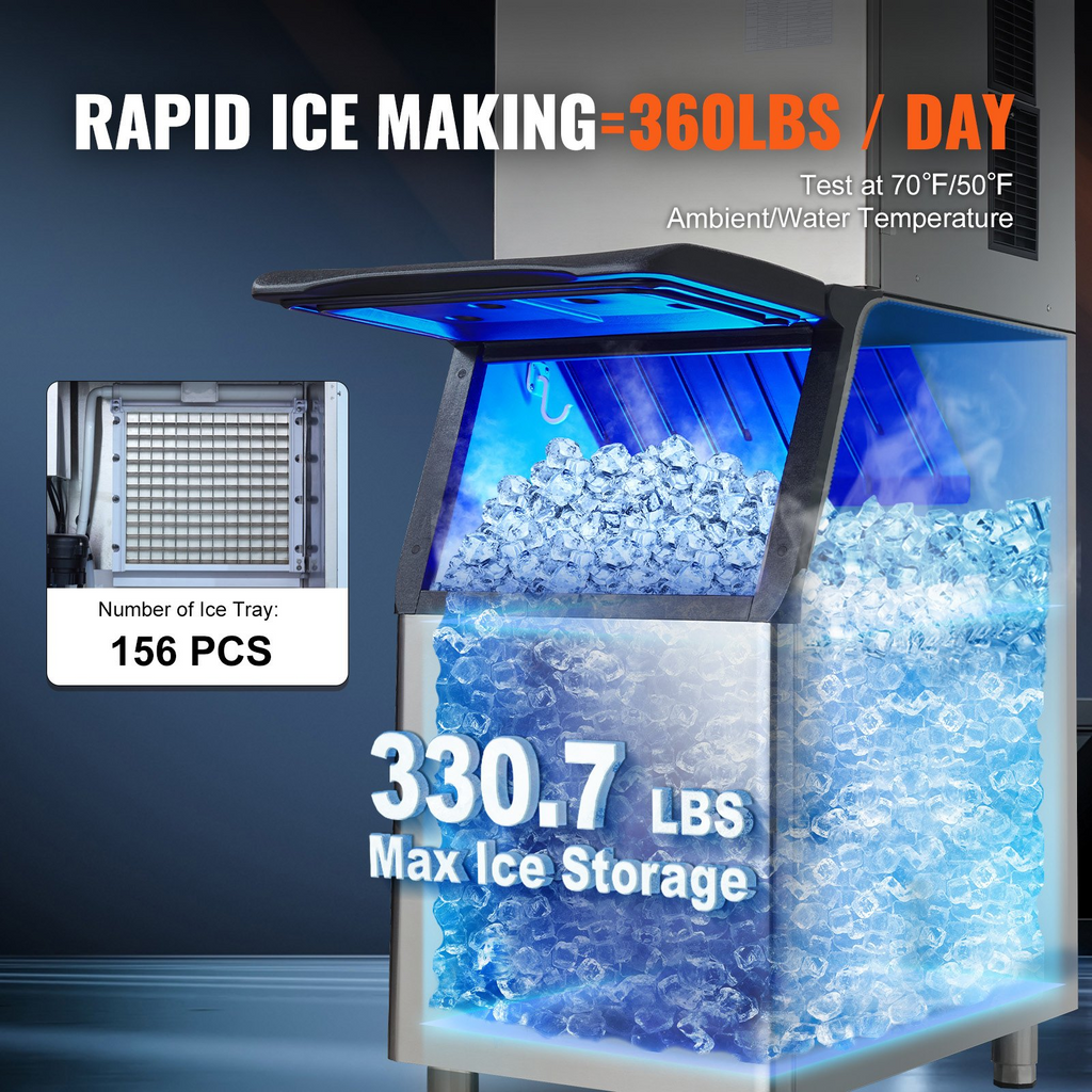 VEVOR Máquina para hacer hielo comercial 360 libras/24 horas con contenedor de almacenamiento grande de 330,7 libras 700 W