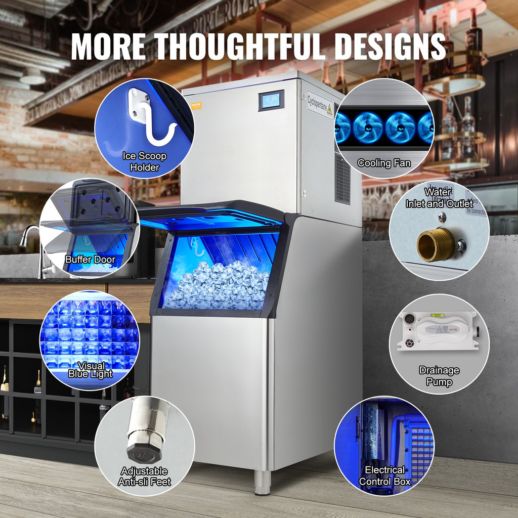 VEVOR Máquina para hacer hielo comercial 360 libras/24 horas con contenedor de almacenamiento grande de 330,7 libras 700 W