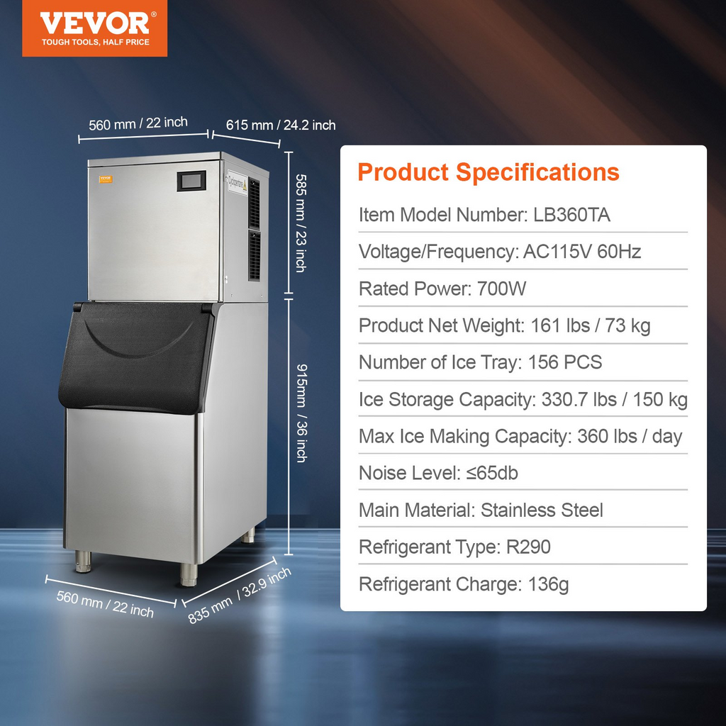 VEVOR Máquina para hacer hielo comercial 360 libras/24 horas con contenedor de almacenamiento grande de 330,7 libras 700 W