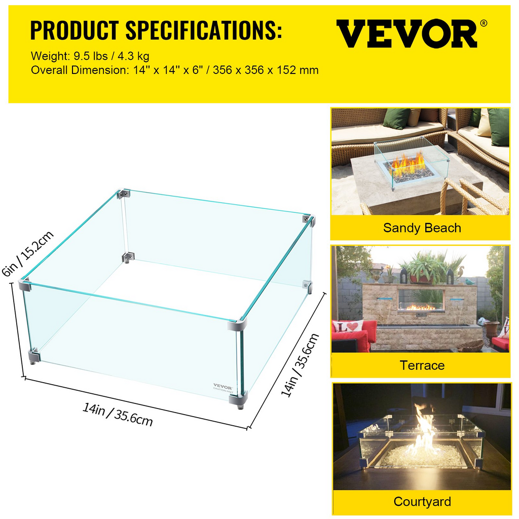 VEVOR  protector de viento de vidrio de 14 x 14 x 6 pulgadas de 0,3" de espesor