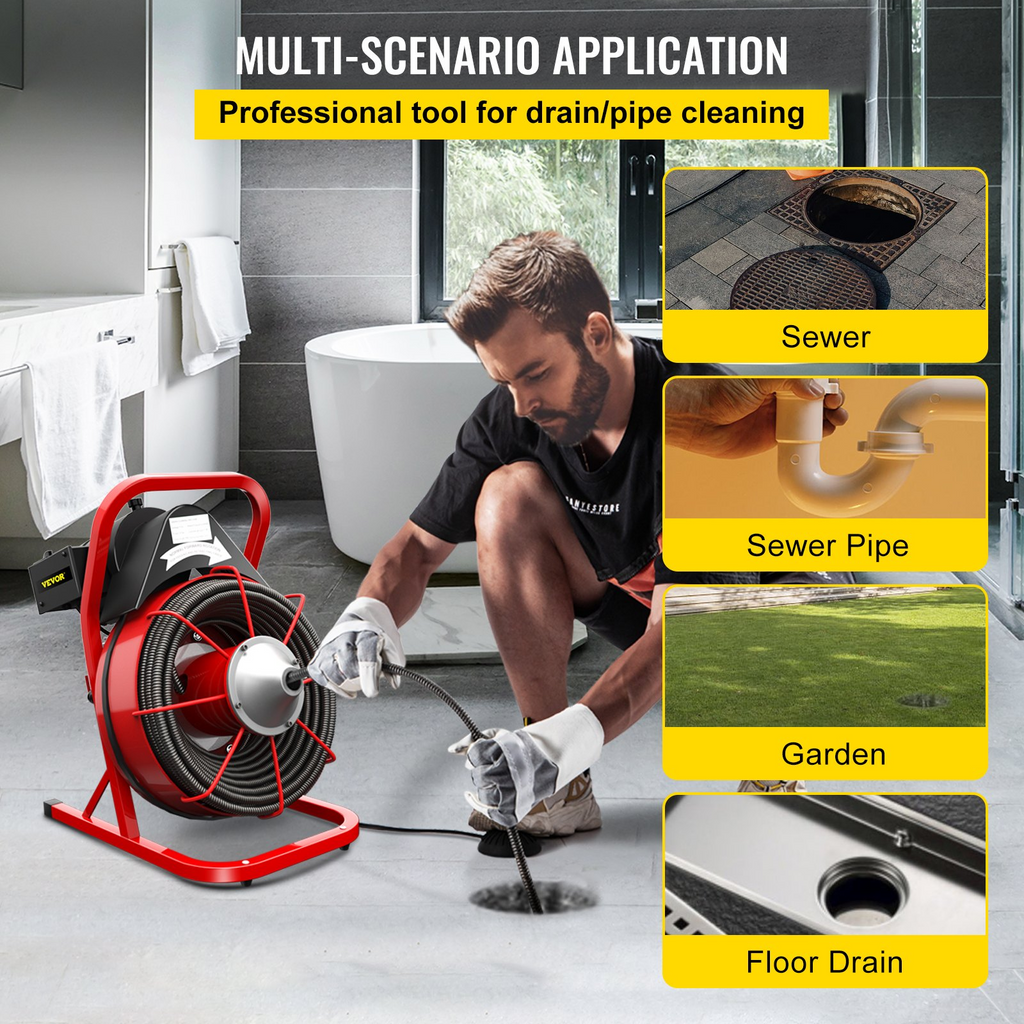 VEVOR - Desatascador de desagües eléctrico de 22 MTS x 1/2 pulgada, 370 W, desatascador de desagües portátil con cortadores e interruptor de pie activado por aire para tuberías de 2 a 4 JH2