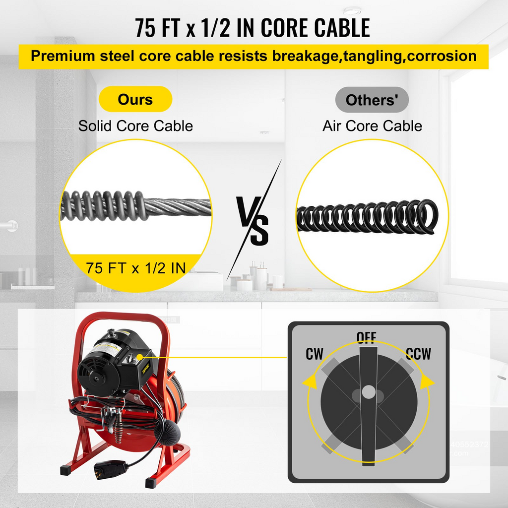 VEVOR - Desatascador de desagües eléctrico de 22 MTS x 1/2 pulgada, 370 W, desatascador de desagües portátil con cortadores e interruptor de pie activado por aire para tuberías de 2 a 4 JH2